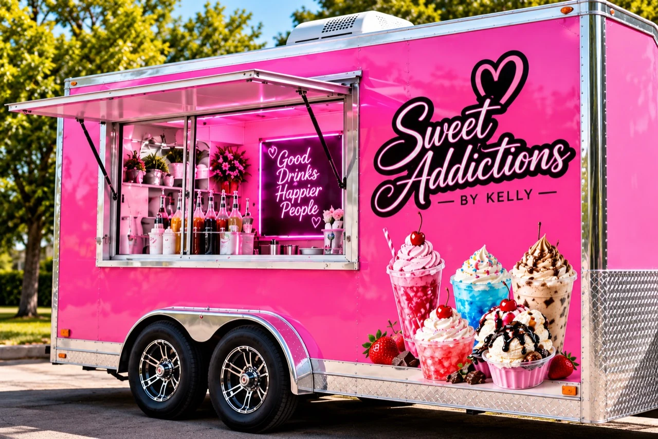 The bright pink Sweet Addictions by Kelly trailer, ready to serve